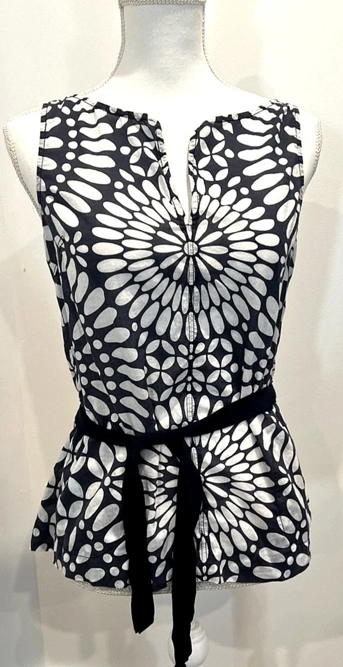 Tory Burch Top Size 6 Blue White Geometric Sleeveless Tie Mod Resort Blouse